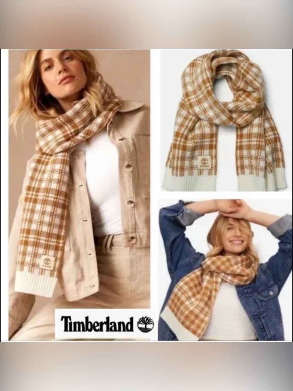 Timberland Women's Cream & Tan Plaid Knit Scarf
